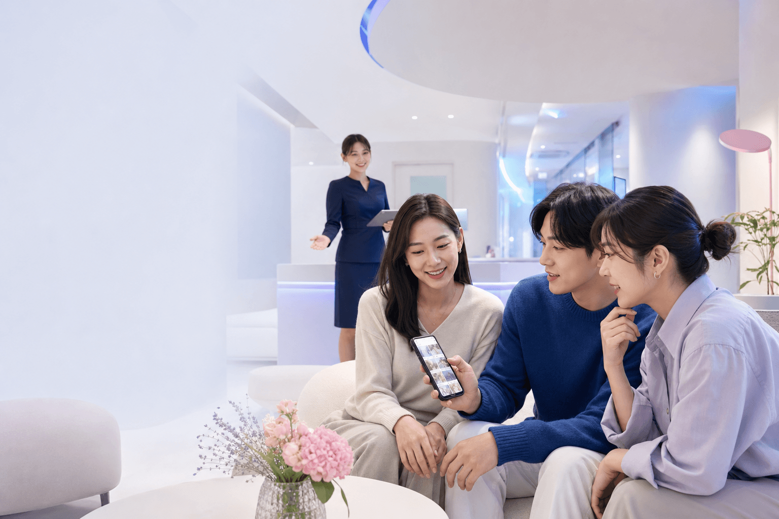 병원에 방문한 인플루언서들과 상담을 준비하는 코디네이터